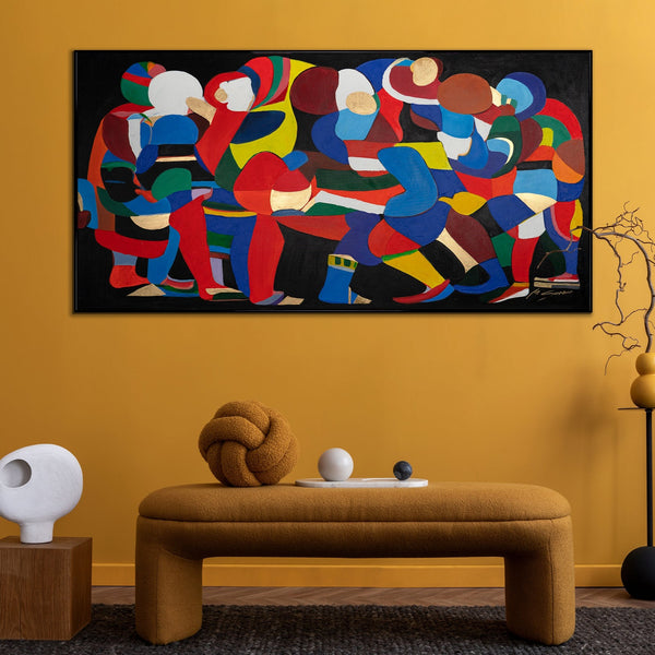 Wohnzimmer mit großem abstrakten Wandbild in bunten Farben