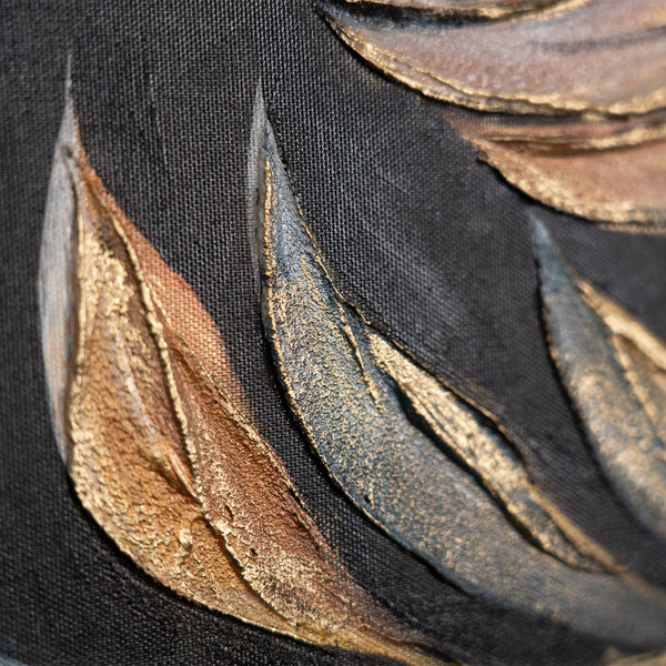 Detail Blattstruktur – goldene Pinselstriche auf Leinwand