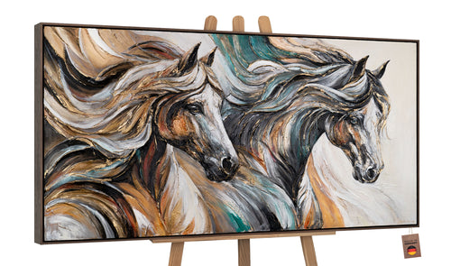 Acrylbild Pferde auf Staffelei – modernes Pferdemotiv in Grau-Gold