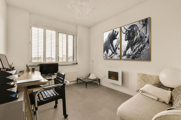 Hand-painted Diptych with Bull & Bear with Frame – Office Wall Decor