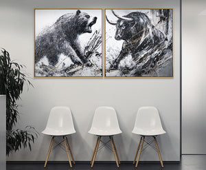 Hand-painted Diptych with Bull & Bear with Frame – Office Wall Decor