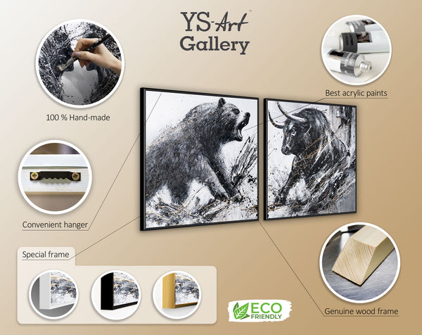 Hand-painted Diptych with Bull & Bear with Frame – Office Wall Decor