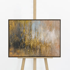 Handgemaltes Acrylbild „Kristallwasser" Querformat auf Staffelei – goldene Kristallströme auf Anthrazit & Beige, dunkler Rahmen, 50x70 cm