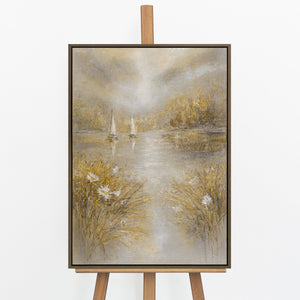 „Wasserspiegel" – Seengemälde das Sommerstille und goldenes Licht auf Leinwand hält