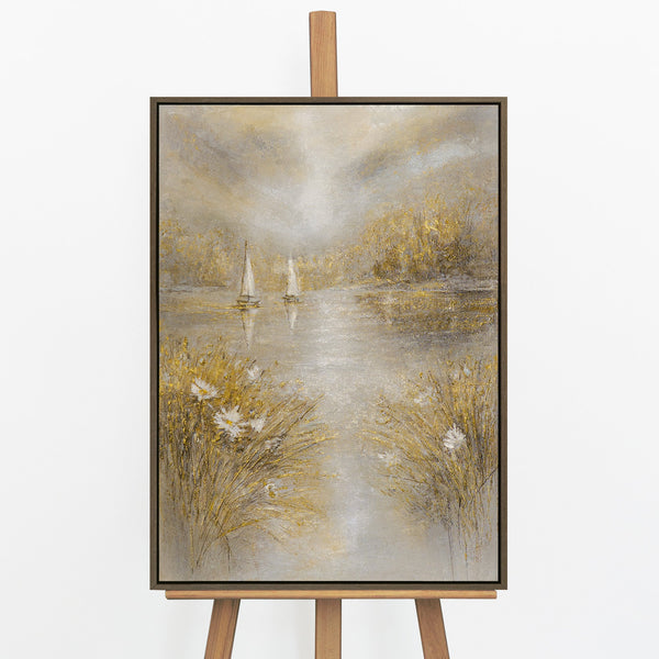 „Wasserspiegel" – Seengemälde das Sommerstille und goldenes Licht auf Leinwand hält