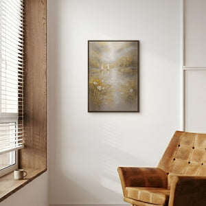 Goldenes Seengemälde im modernen Wohnzimmer – Original impressionistisches Naturgemälde kaufen