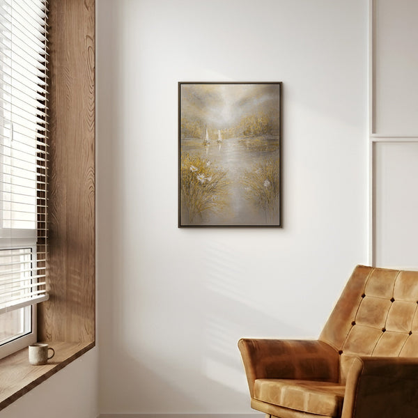 Goldenes Seengemälde im modernen Wohnzimmer – Original impressionistisches Naturgemälde kaufen