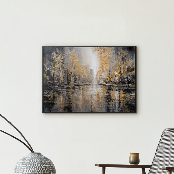 Goldenes Herbstpark Gemälde im modernen Wohnzimmer – Original Stadtpark Wandbild kaufen bei YS-Art