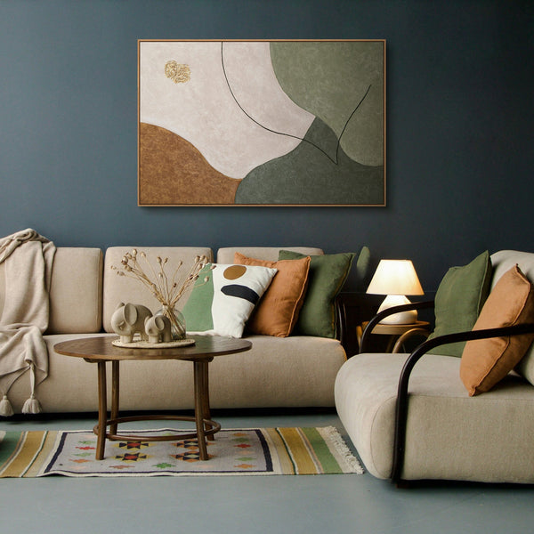 Hand-painted acrylic art – Modern mural in green and beige “The Whisper of the Valleys”