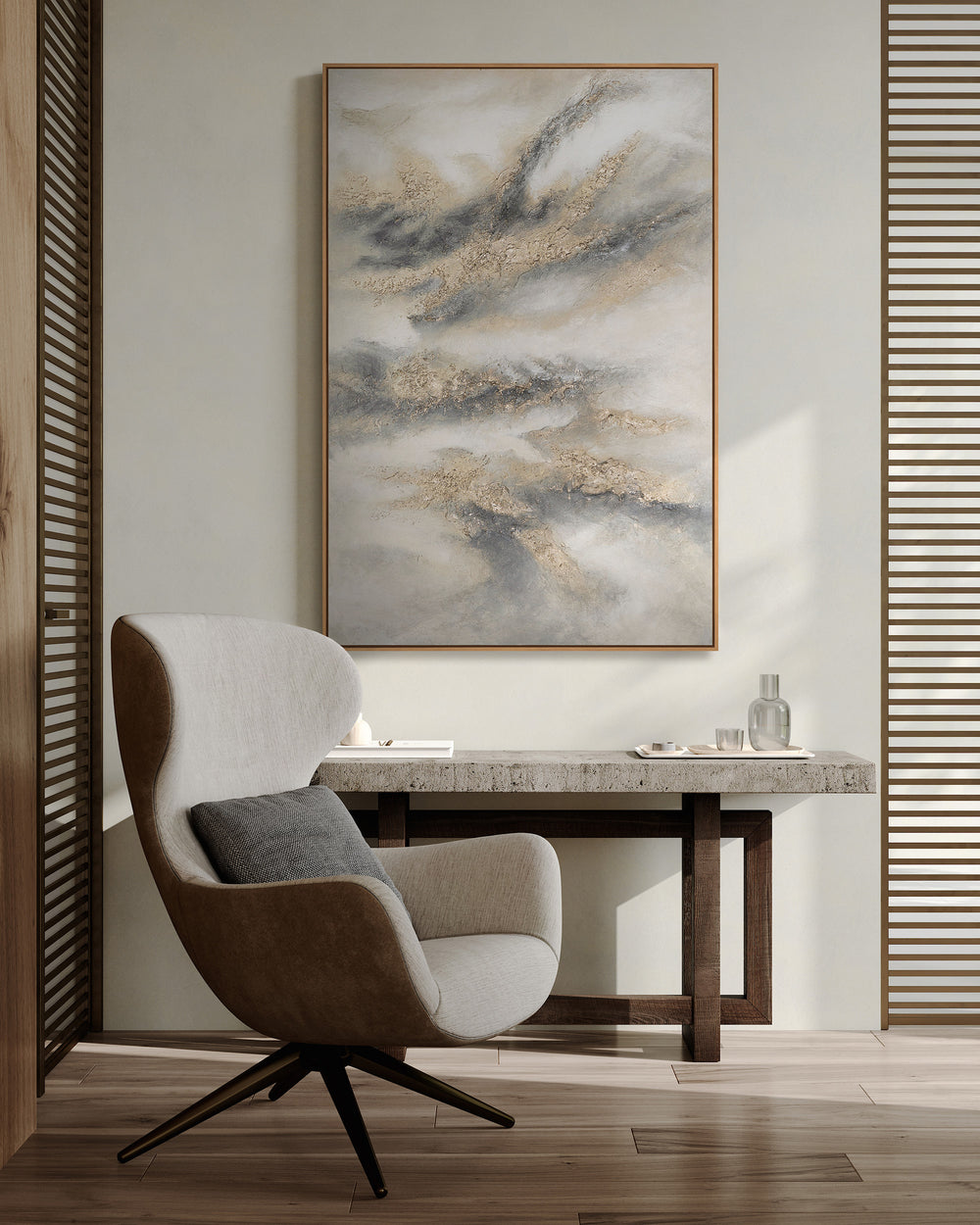 Hand-Painted Acrylic Painting in Gray & Gold – Abstract Wall Decor "Cloud Melody"