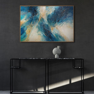Hand-painted picture in ocean colors – Expressive acrylic art with frame “Glimmer of the Waves”