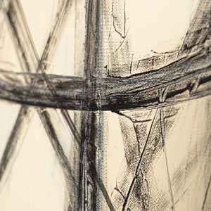 Abstraktes Leinwandbild mit dynamischen Linien in Schwarz auf beigem Untergrund