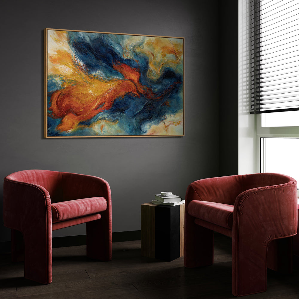 Expressive acrylic painting in blue and red – Abstract wall art with frame “Merging of Energies”