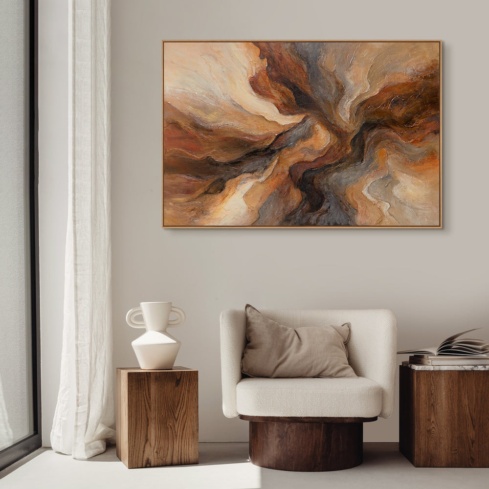 Modern abstract acrylic painting in brown and gold – textured wall art with frame “Flash of Eternity”