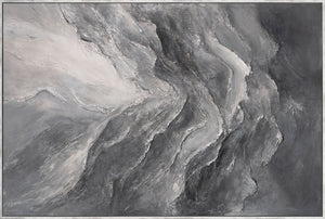 Modern abstract acrylic painting in grey – textured wall art with frame “Memory of the Rocks”