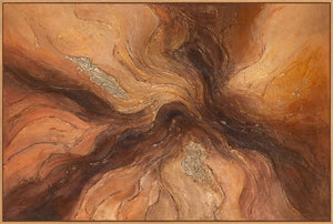 Abstraktes Leinwandbild mit kraftvollem Wirbelmuster in Braun- und Kupfertönen