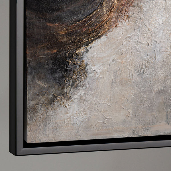 Seitliche Ansicht eines abstrakten Leinwandbildes, stabiler Holzrahmen