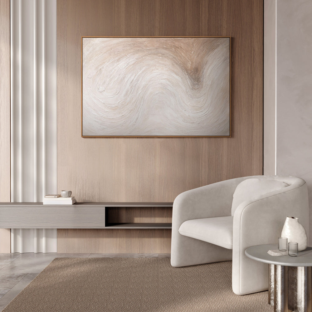 Abstract canvas painting "Light Stream" in light natural tones in a frame