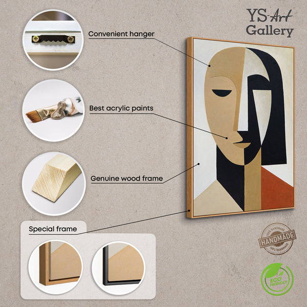Handgemaltes Acrylbild mit Rahmen „Geometrie des Gesichts“ – Kubistische Wandkunst auf Leinwand