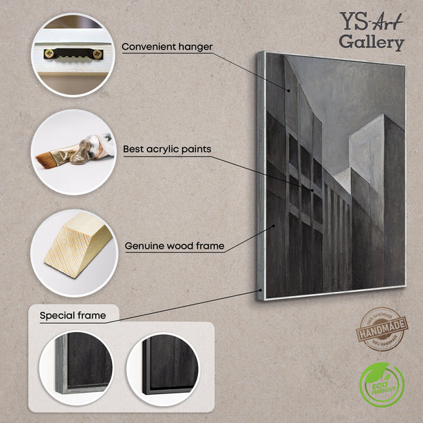 Gemälde Abstrakt mit Rahmen „Stadtkonturen“ – Moderne Acrylmalerei in Grau & Schwarz