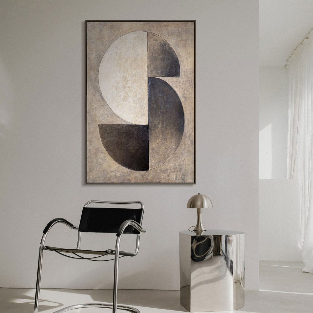 Textured Painting Beige & Black – Abstract Art on Canvas "Duet of Half Circles"
