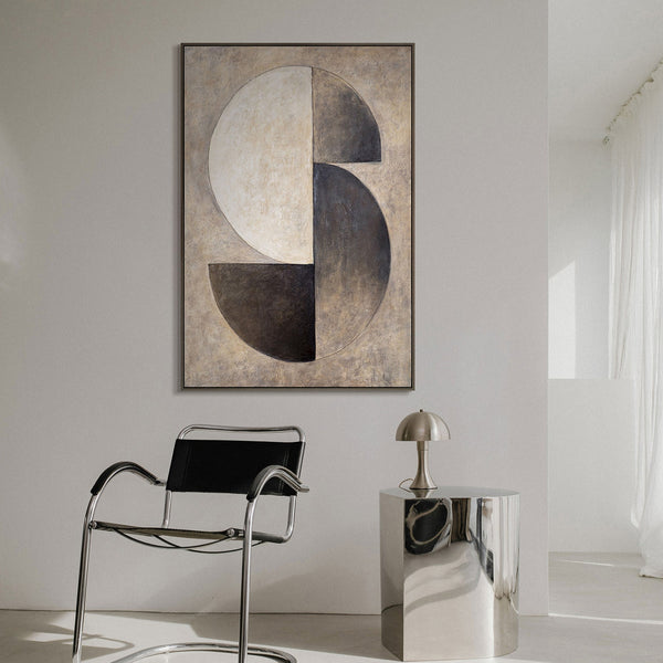 Textured Painting Beige & Black – Abstract Art on Canvas "Duet of Half Circles"