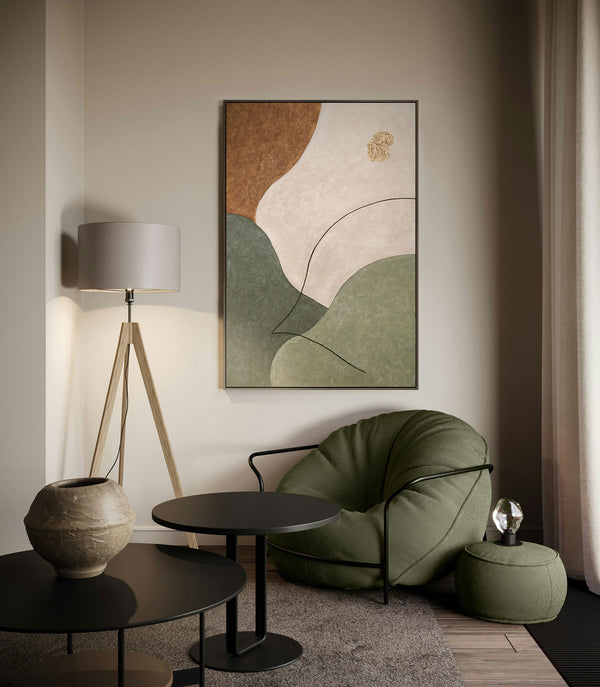 Abstract Wall Art with Texture in Beige, Green & Gold – Modern Acrylic Painting on Canvas