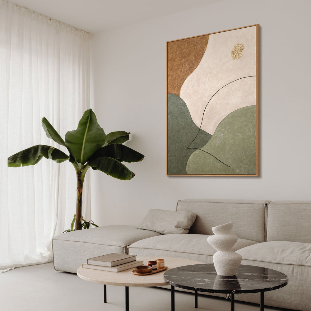 Abstract Wall Art with Texture in Beige, Green & Gold – Modern Acrylic Painting on Canvas
