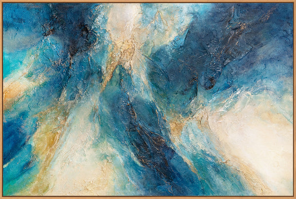 Hand-painted picture in ocean colors – Expressive acrylic art with frame “Glimmer of the Waves”