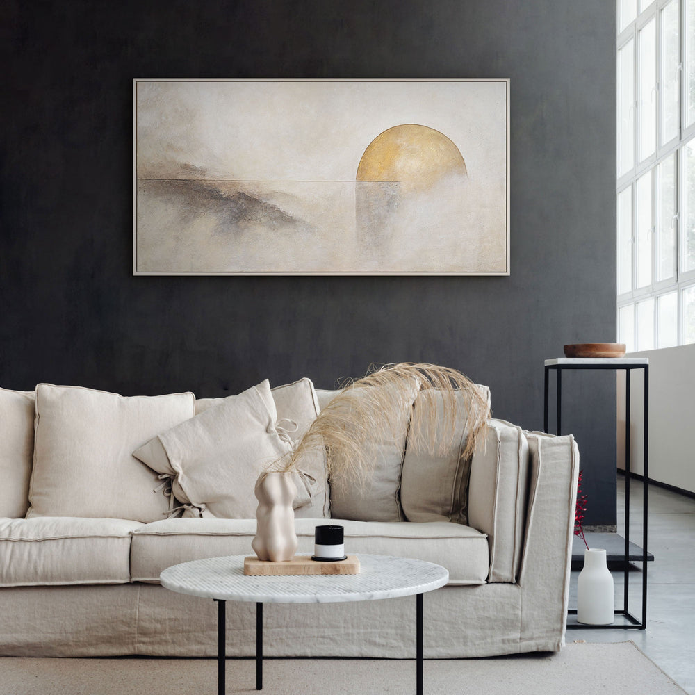 Hand-Painted Textured Painting "Horizon Line" – Wall Decor in Beige & Gold