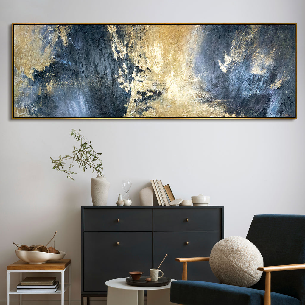 Abstrakte Wandkunst, goldenes und blaues handgemaltes Gemälde, moderne gerahmte Leinwand, exklusive Wohnzimmerdekoration, luxuriöse Wanddekoration, horizontales Design, einzigartige Kunst