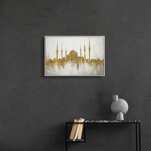 Abstraktes Leinwandbild „Moschee" – Silhouette einer Moschee in Weiß und Gold, 60x40 cm 