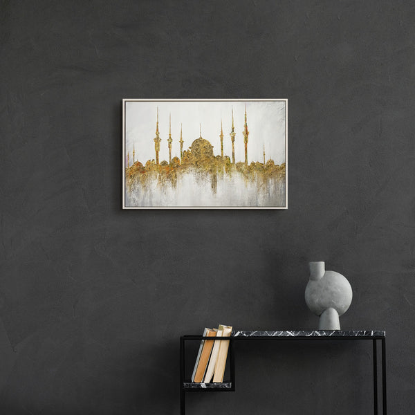 Abstraktes Leinwandbild „Moschee" – Silhouette einer Moschee in Weiß und Gold, 60x40 cm 