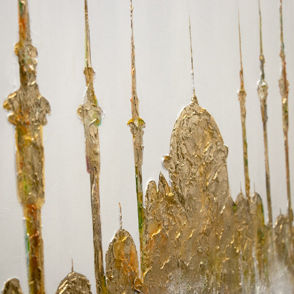Detail des Acrylgemäldes „Moschee" – goldene Pinselstruktur auf weißem Untergrund 