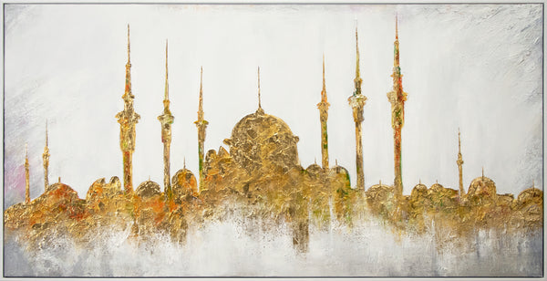 Oriental Wall Art – Gold Accented Acrylic Painting of Dome Architecture on Canvas