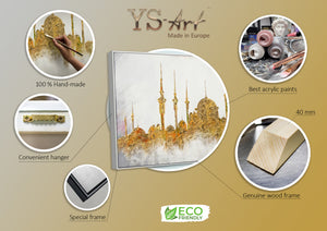 Infografik Gemälde „Moschee" – Maße, Rahmenfarbe und Materialdetails