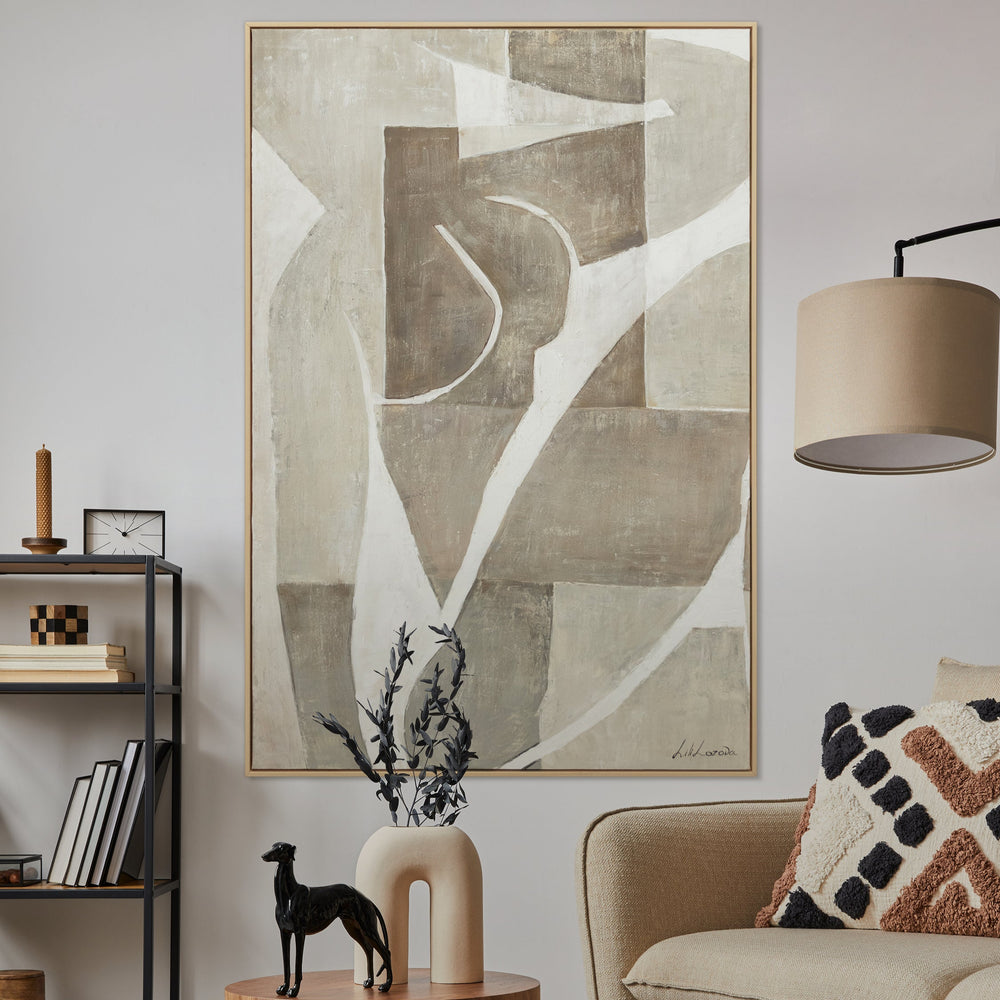 "Mery" Modern Canvas Painting with Frame for Living Room – Abstract Artwork in Beige & White