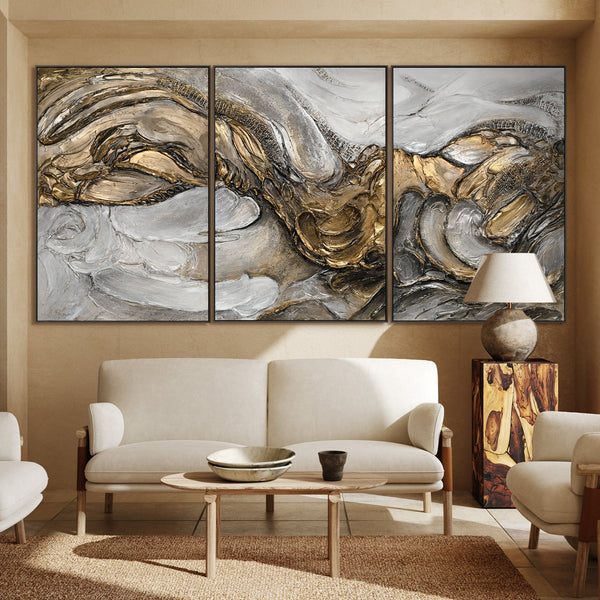 Handgemaltes Leinwand für Wohnzimmer Triptychon mit Rahmen „Tsunami“
