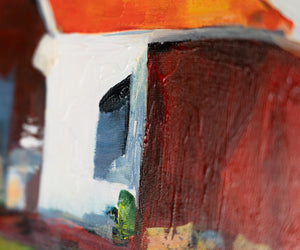 Colorful Landscape Painting "Tides of Inspiration" – Modern Framed Wall Art with Boat and Houses