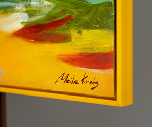 Colorful Landscape Painting "Tides of Inspiration" – Modern Framed Wall Art with Boat and Houses