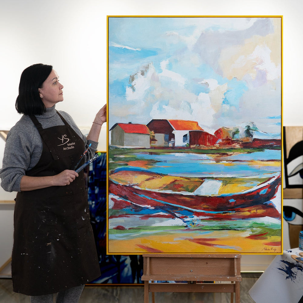 Colorful Landscape Painting "Tides of Inspiration" – Modern Framed Wall Art with Boat and Houses