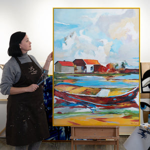 Colorful Landscape Painting "Tides of Inspiration" – Modern Framed Wall Art with Boat and Houses