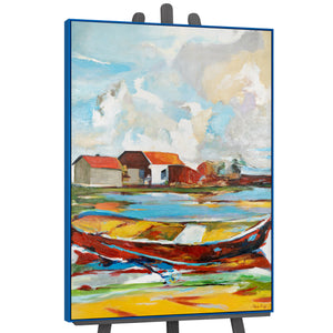 Colorful Landscape Painting "Tides of Inspiration" – Modern Framed Wall Art with Boat and Houses
