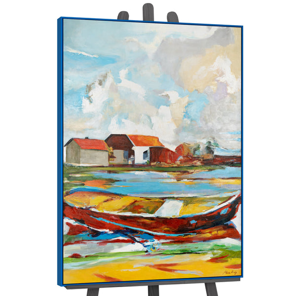 Colorful Landscape Painting "Tides of Inspiration" – Modern Framed Wall Art with Boat and Houses