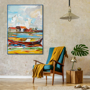 Colorful Landscape Painting "Tides of Inspiration" – Modern Framed Wall Art with Boat and Houses