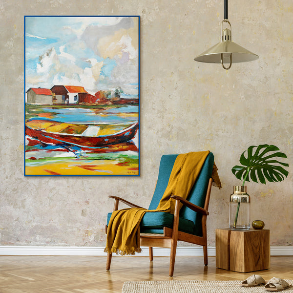 Colorful Landscape Painting "Tides of Inspiration" – Modern Framed Wall Art with Boat and Houses
