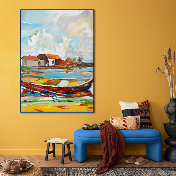 Colorful Landscape Painting "Tides of Inspiration" – Modern Framed Wall Art with Boat and Houses