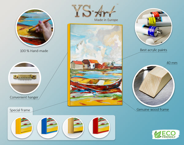 Colorful Landscape Painting "Tides of Inspiration" – Modern Framed Wall Art with Boat and Houses