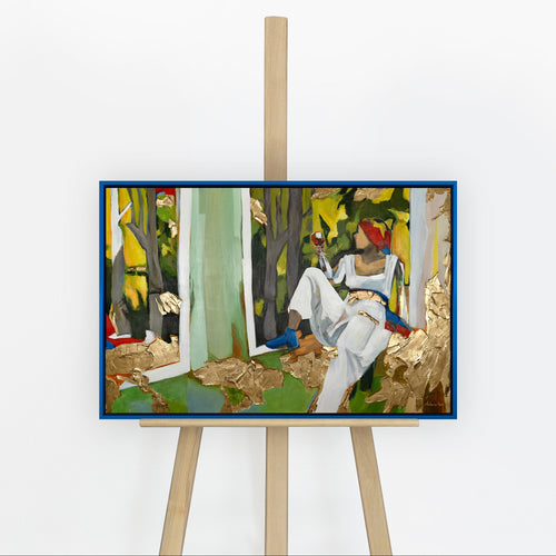 Handgemaltes Acrylbild „Inspiration" auf Staffelei – Frau im Garten mit Goldstruktur, blauer Rahmen
