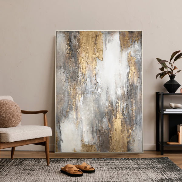 Luxury Gold Painting "Elegant Reflection" – Modern Abstract Canvas in Grey and Cream